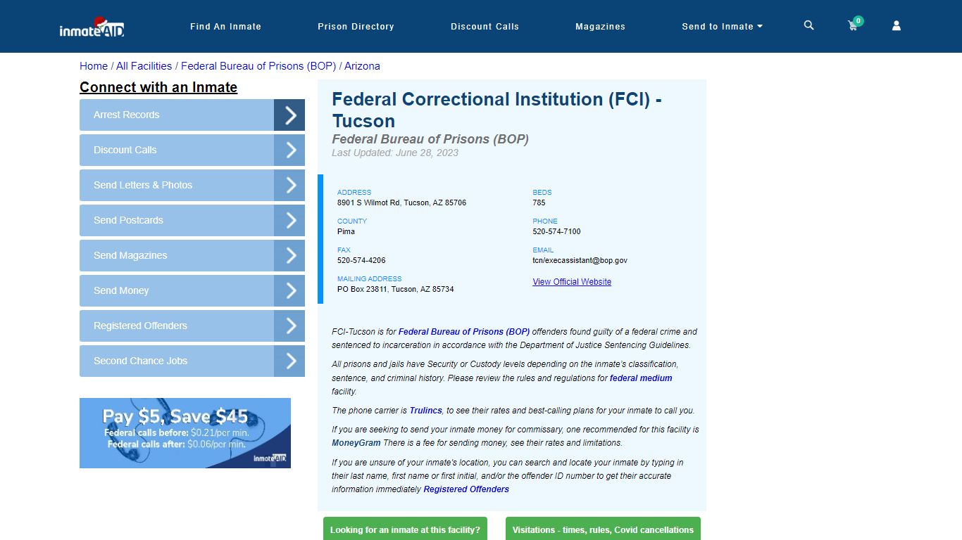 Federal Correctional Institution (FCI) - Tucson - Federal Inmate ...
