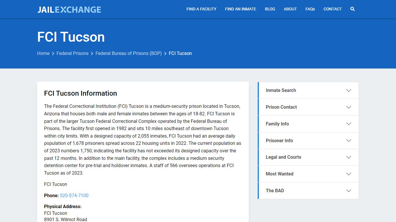 Federal Inmate Search - FCI Tucson - Jail Exchange