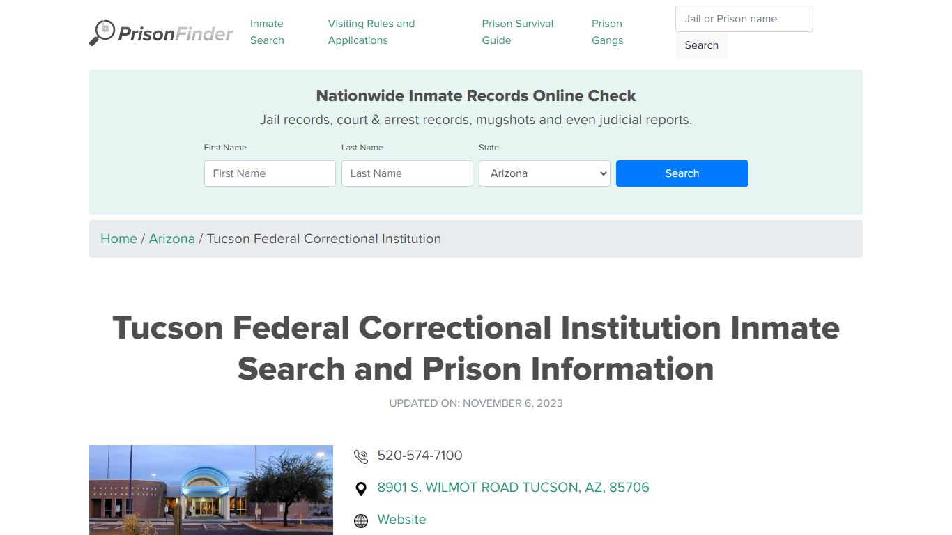 Tucson Federal Correctional Institution Inmate Search, Visitation ...